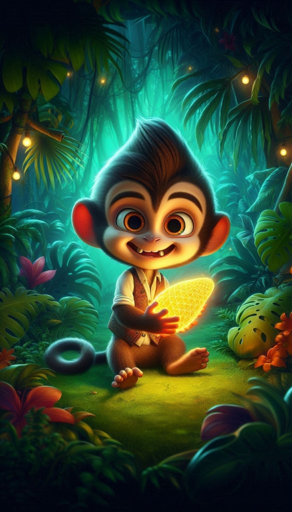 Monkey Holding Glowing Fruit in Jungle ai book Cover Design