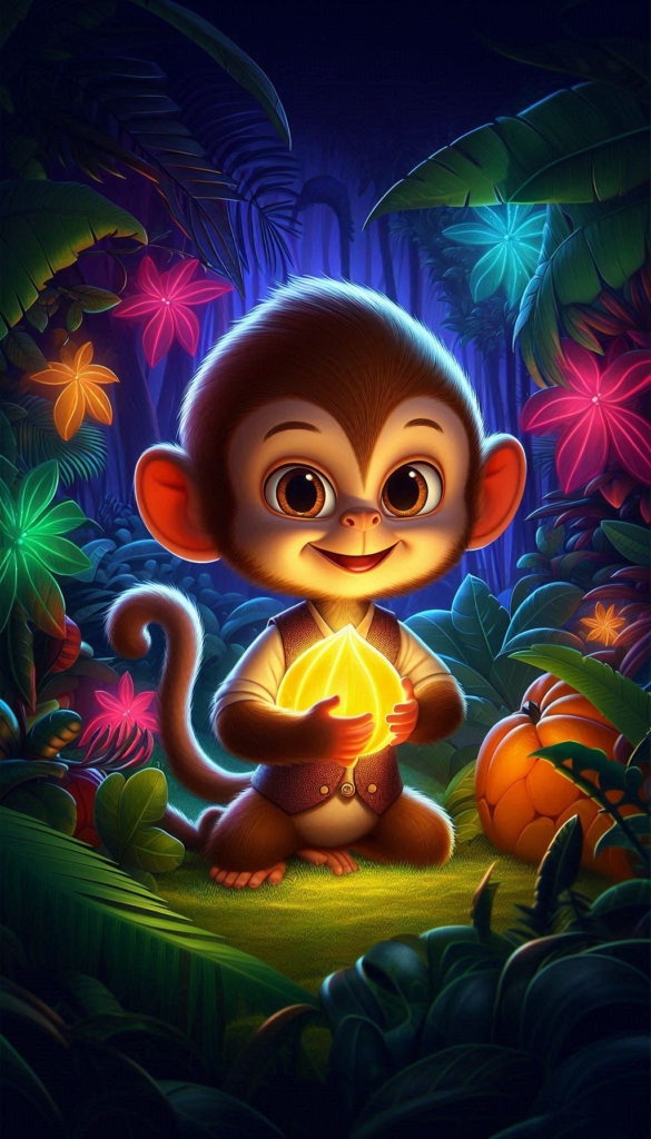 Monkey Holding Glowing Fruit in Jungle ai book Cover Design