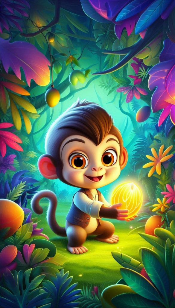 Monkey Holding Glowing Fruit in Jungle ai book Cover Design