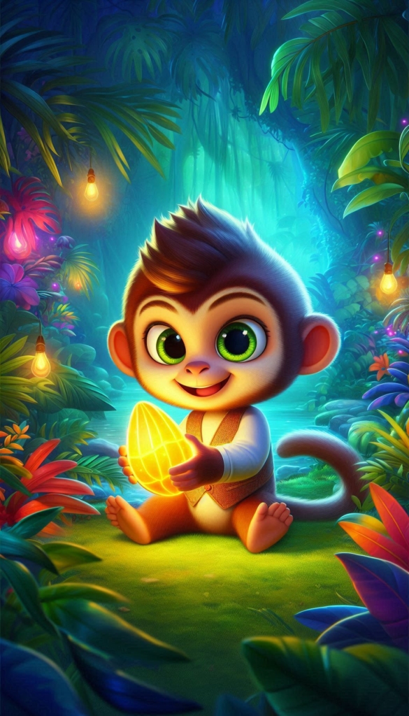 Monkey Holding Glowing Fruit in Jungle ai book Cover Design