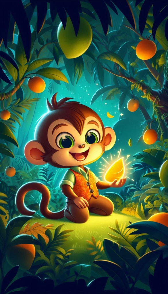 Monkey Holding Glowing Fruit in Jungle ai book Cover Design