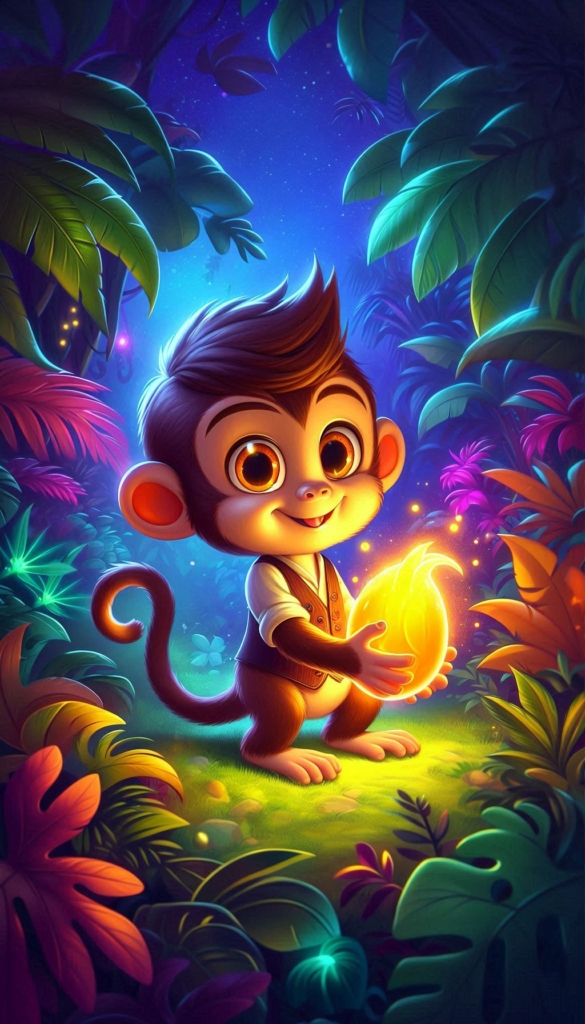 Monkey Holding Glowing Fruit in Jungle ai book Cover Design