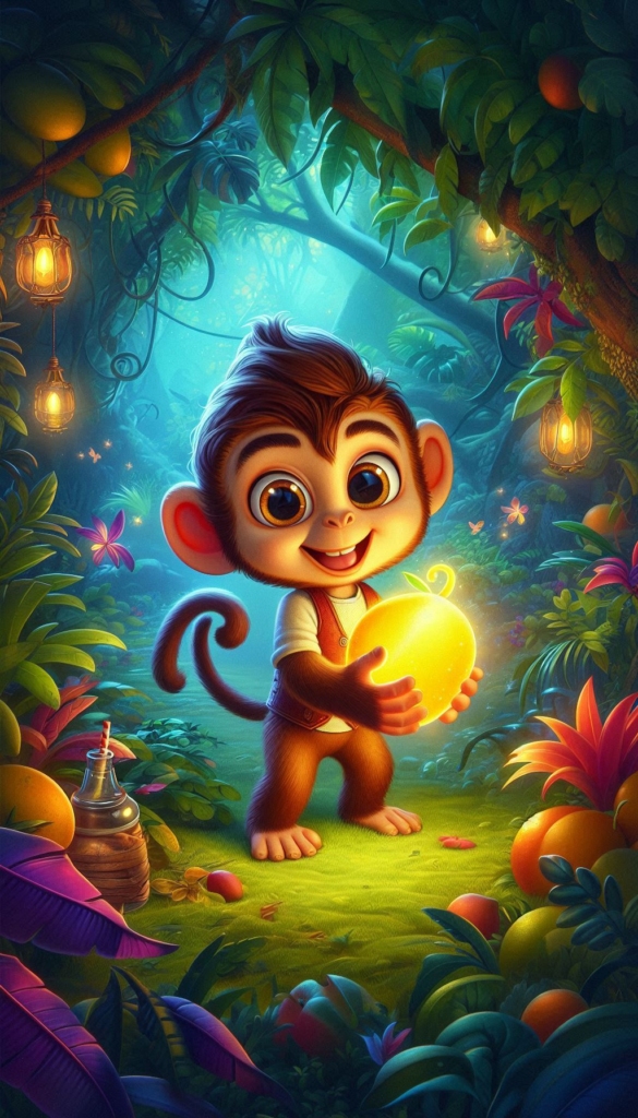 Monkey Holding Glowing Fruit in Jungle ai book Cover Design