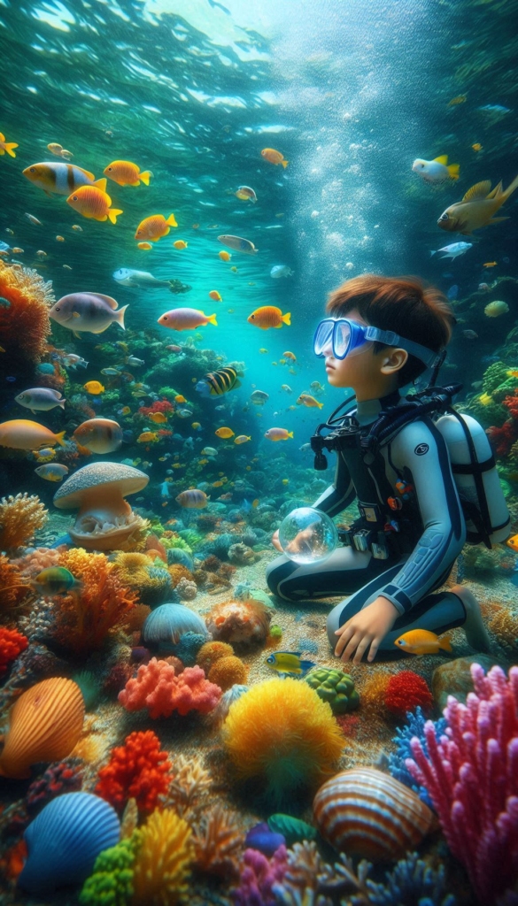 Scuba Diver Boy with Shell in Coral Reef ai book Cover Design