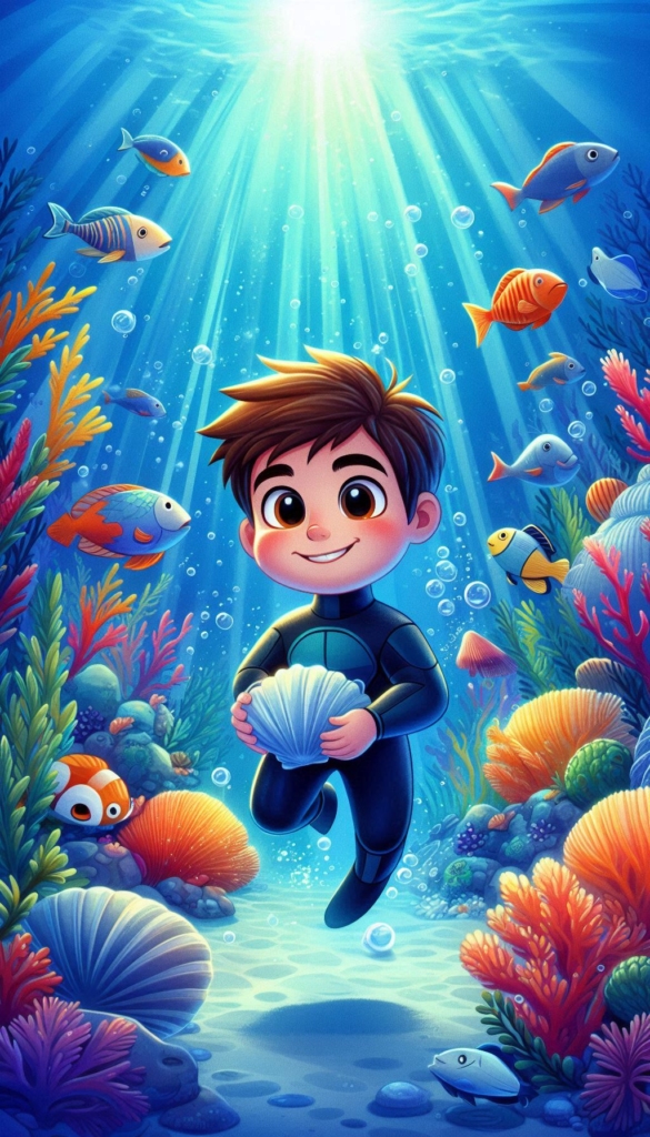 Scuba Diver Boy with Shell in Coral Reef ai book Cover Design