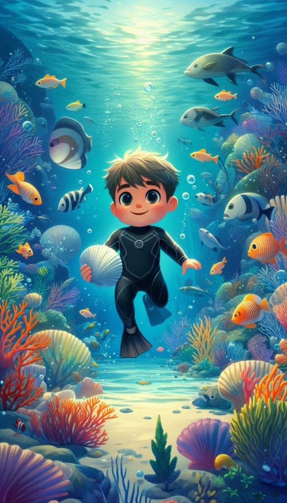 Scuba Diver Boy with Shell in Coral Reef ai book Cover Design