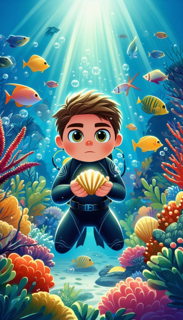 Scuba Diver Boy with Shell in Coral Reef ai book Cover Design