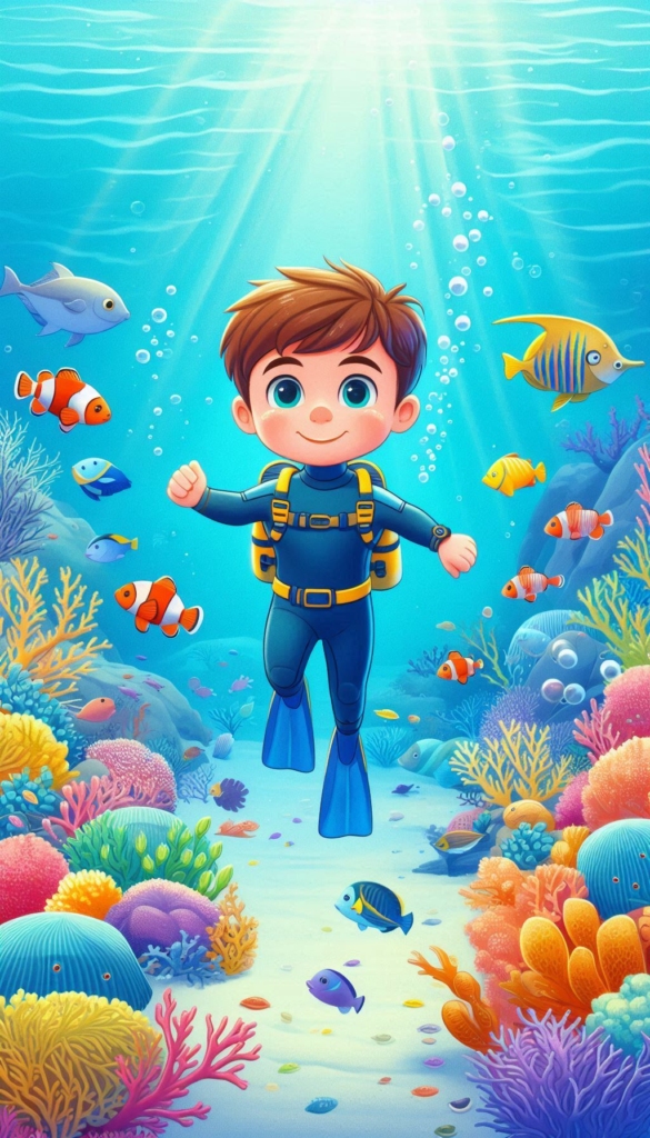 Scuba Diver Boy with Shell in Coral Reef ai book Cover Design