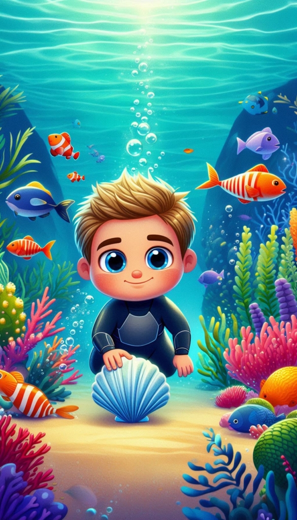 Scuba Diver Boy with Shell in Coral Reef ai book Cover Design