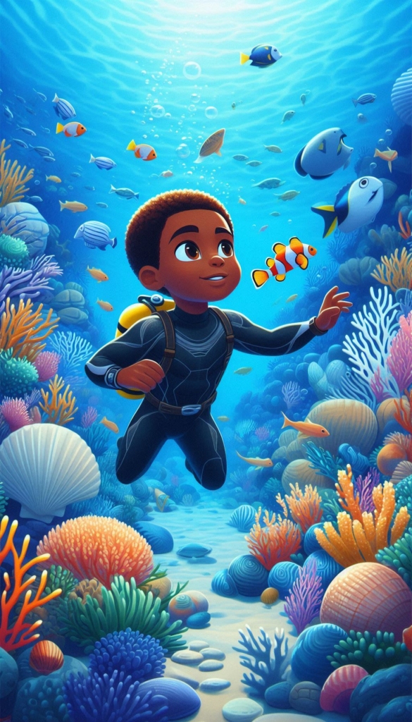 Scuba Diver Boy with Shell in Coral Reef ai book Cover Design