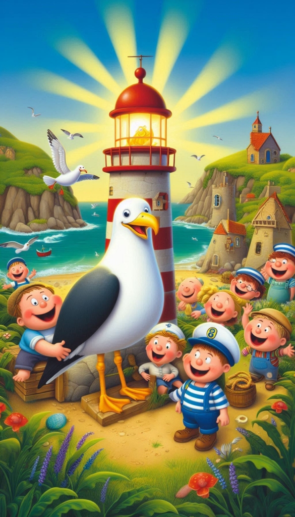 Seagull Lighthouse with Kids ai book Cover Design