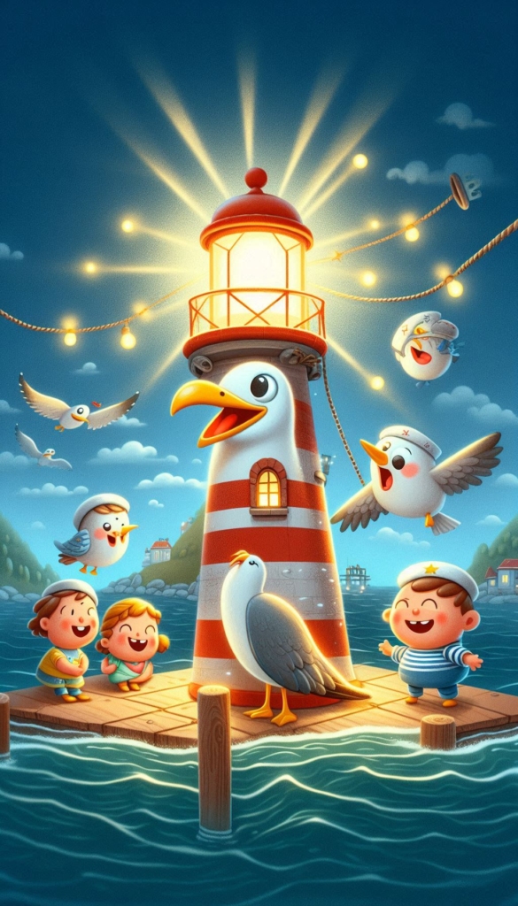 Seagull Lighthouse with Kids ai book Cover Design