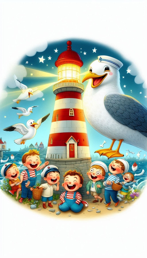 Seagull Lighthouse with Kids ai book Cover Design