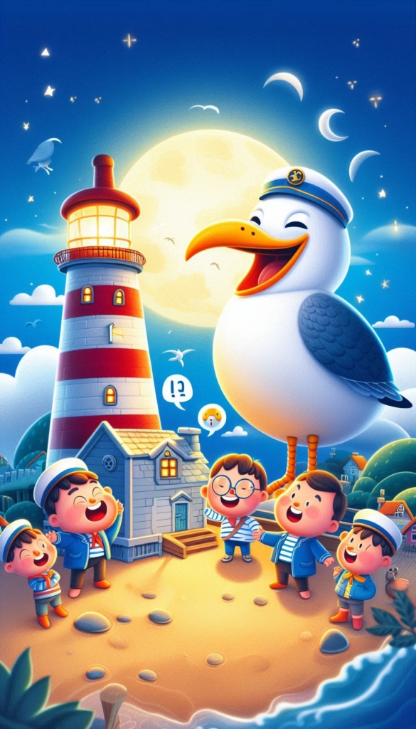 Seagull Lighthouse with Kids ai book Cover Design