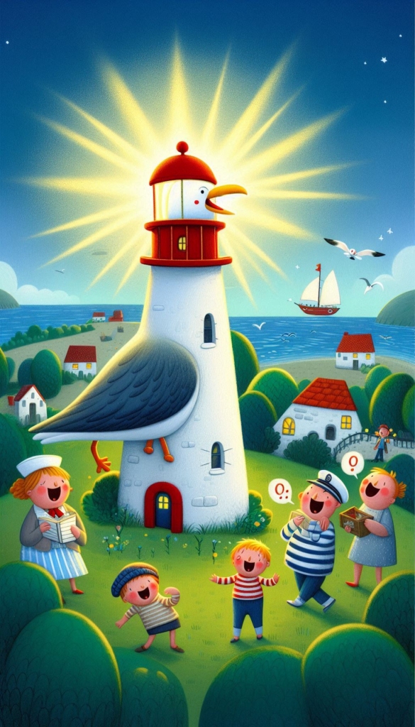 Seagull Lighthouse with Kids ai book Cover Design