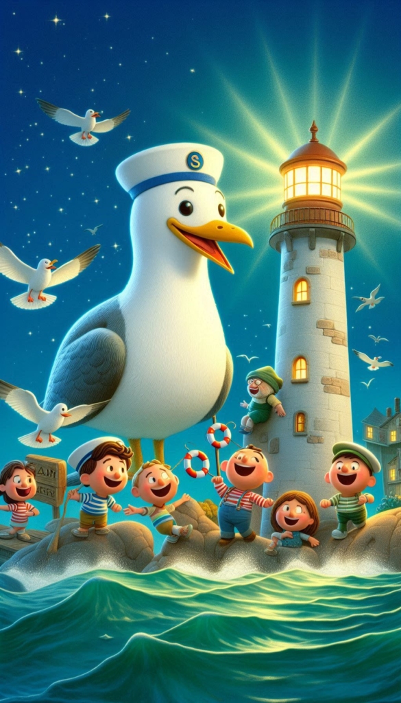 Seagull Lighthouse with Kids ai book Cover Design