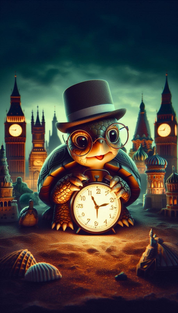 Turtle with Clock and Monuments ai book Cover Design