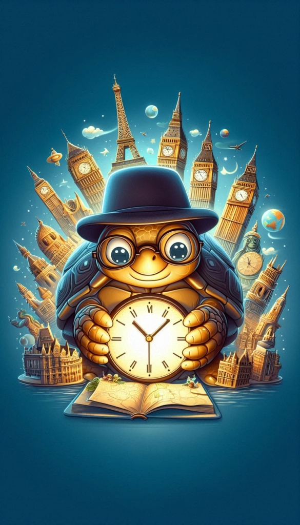 Turtle with Clock and Monuments ai book Cover Design