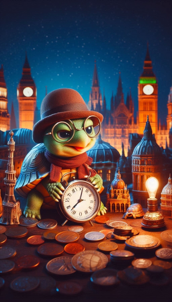 Turtle with Clock and Monuments ai book Cover Design