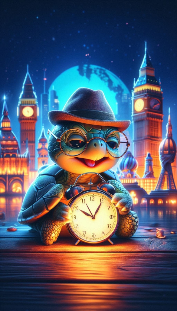 Turtle with Clock and Monuments ai book Cover Design