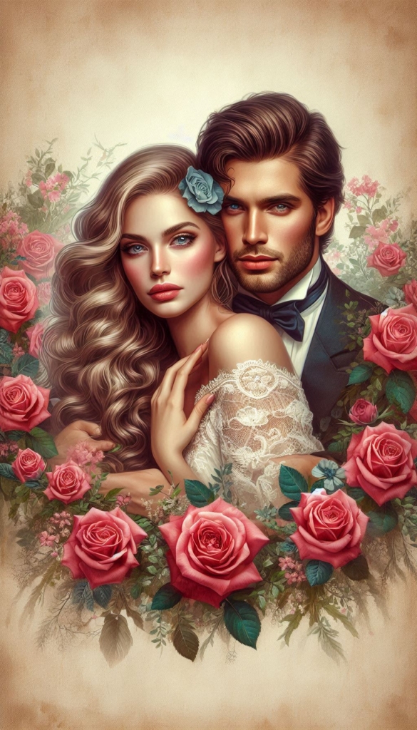 Woman and man with rosa flowers ebook cover 