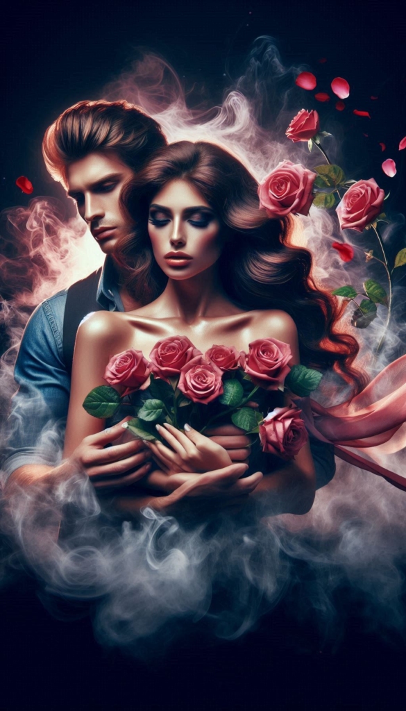 Woman and man with rosa flowers ebook cover