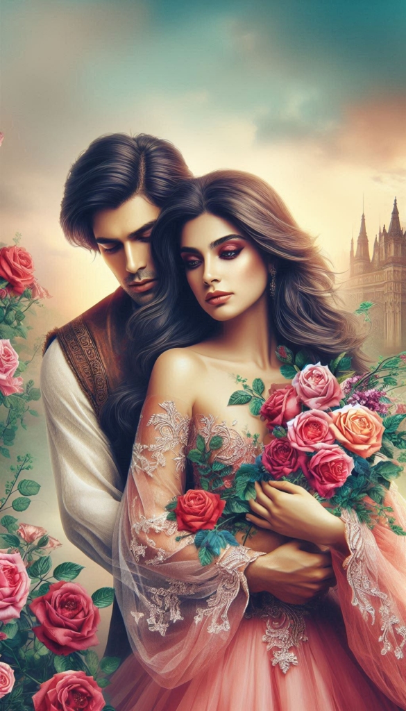 Woman and man with rosa flowers ebook cover 