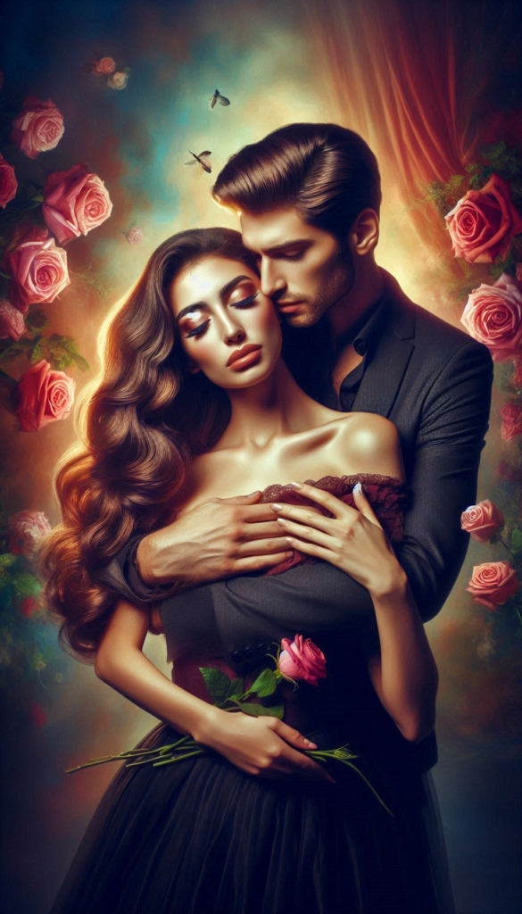 Woman and man with rosa flowers ebook cover 