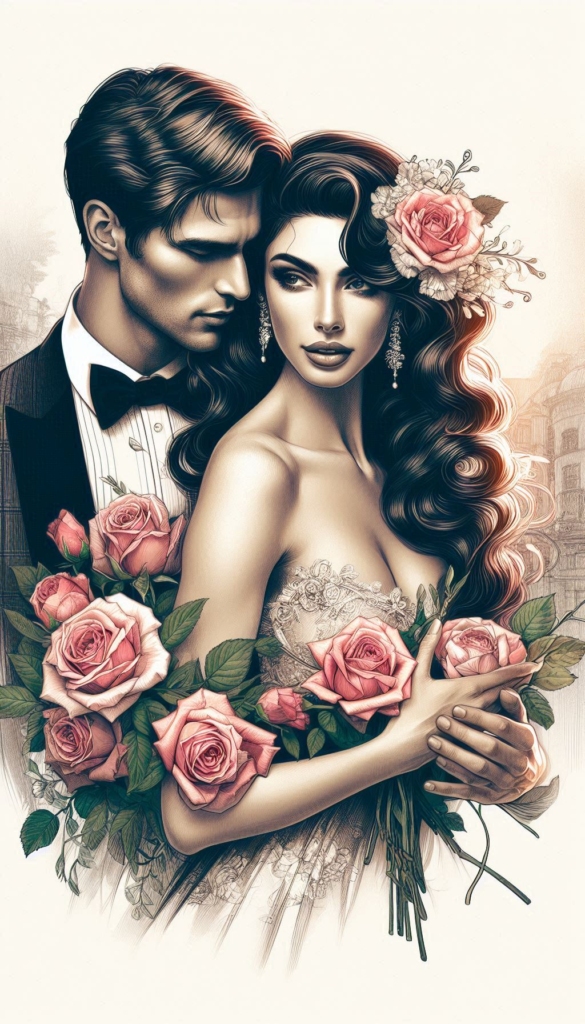 Woman and man with rosa flowers ebook cover 