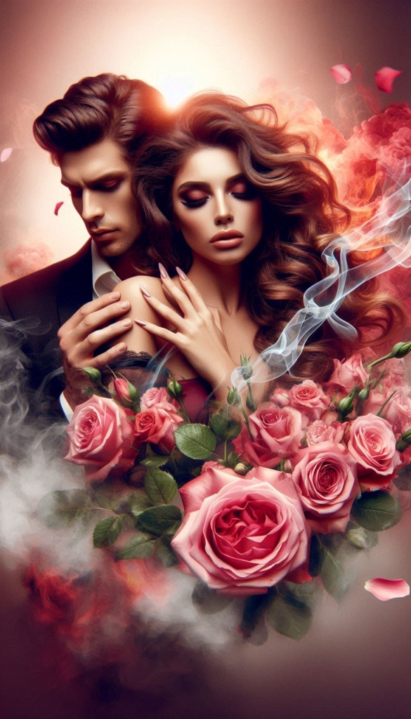 Woman and man with rosa flowers ebook cover