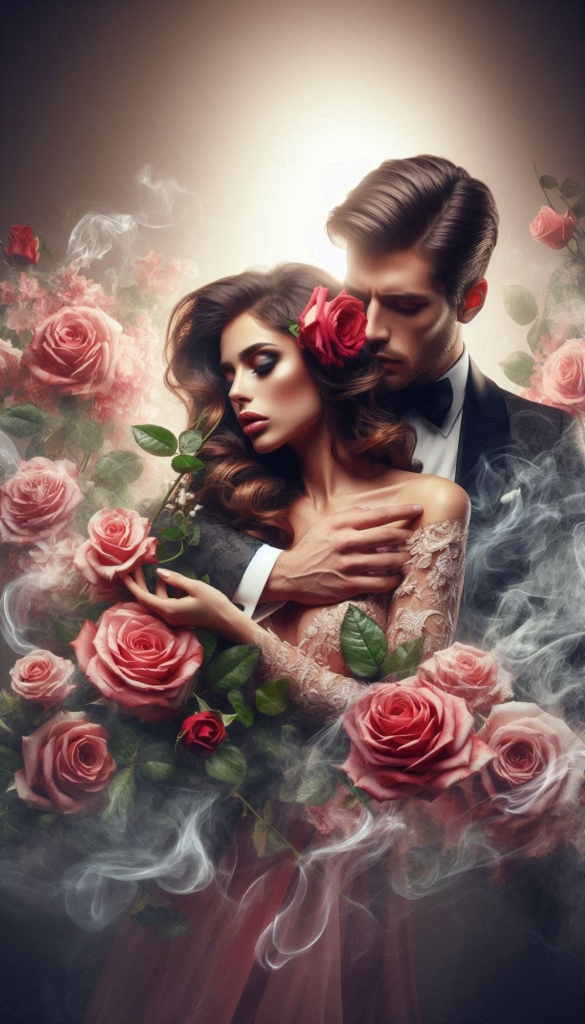 Woman and man with rosa flowers ebook cover