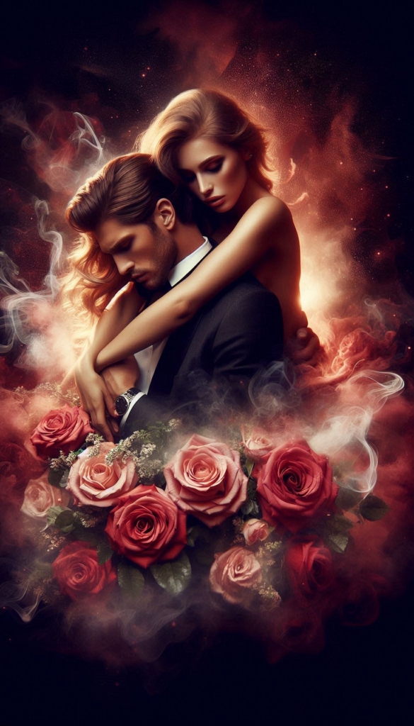 Woman and man with rosa flowers ebook cover