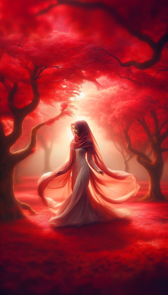 Woman in hijab in red forest book cover