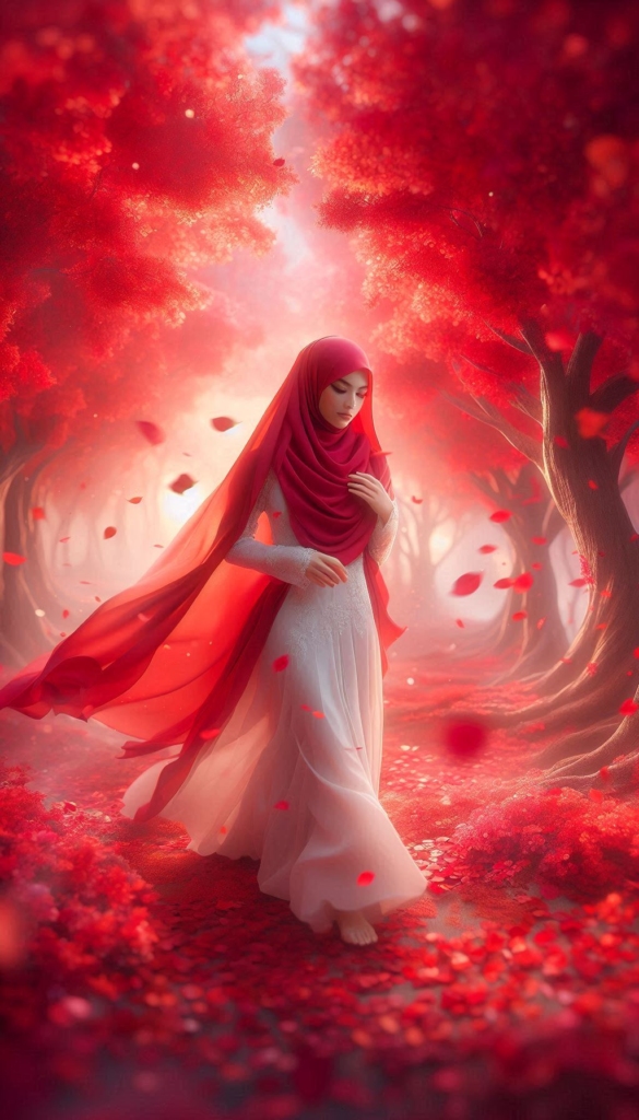 Woman in hijab in red forest book cover