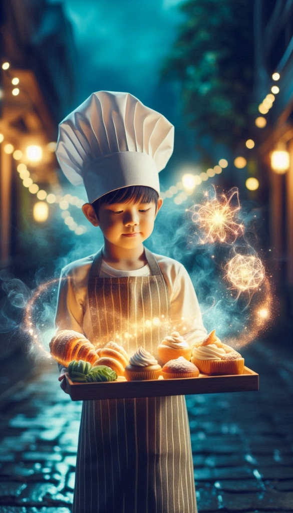 Young Chef with Magical Pastries ai book Cover Design