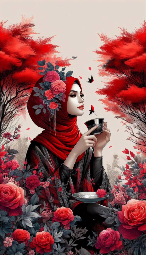 hijab woman vibrant red trees book cover