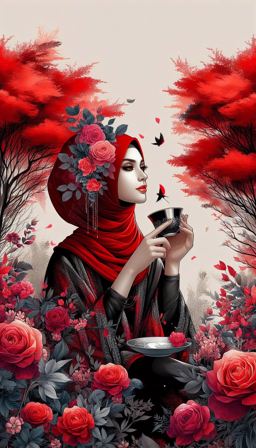 hijab woman vibrant red trees book cover