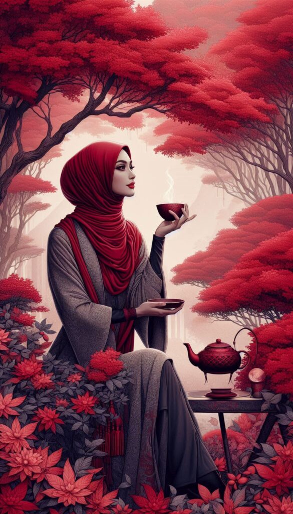 hijab woman vibrant red trees book cover